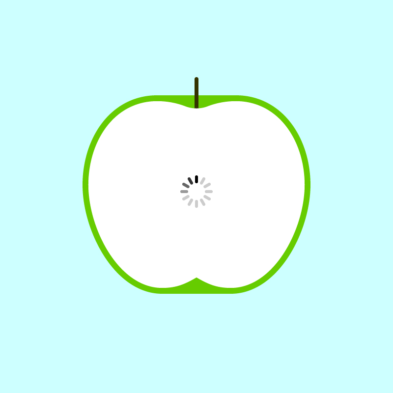 Looping animated gif of a sliced apple with a rotating loading animation instead of pips