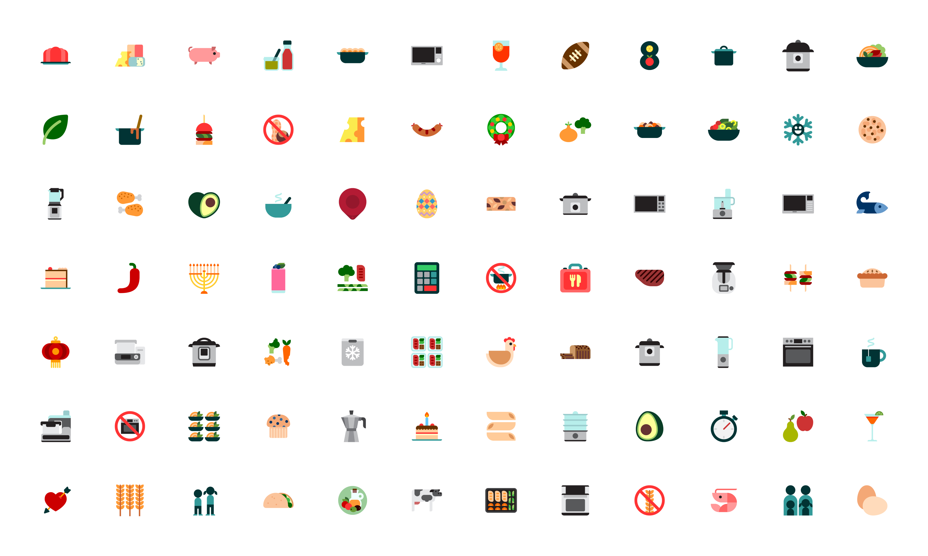 Image of a group of recipe category icons depicting cooking ingredients, techniques and appliances