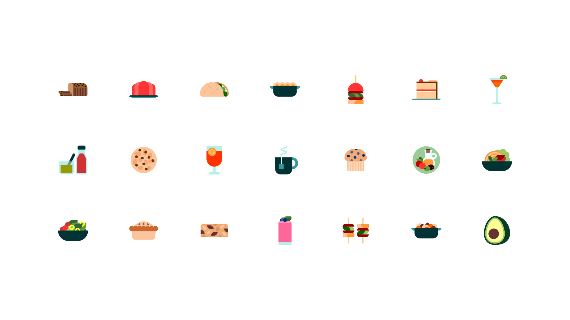 Image of a group of recipe category icons depicting cooking ingredients, techniques and appliances