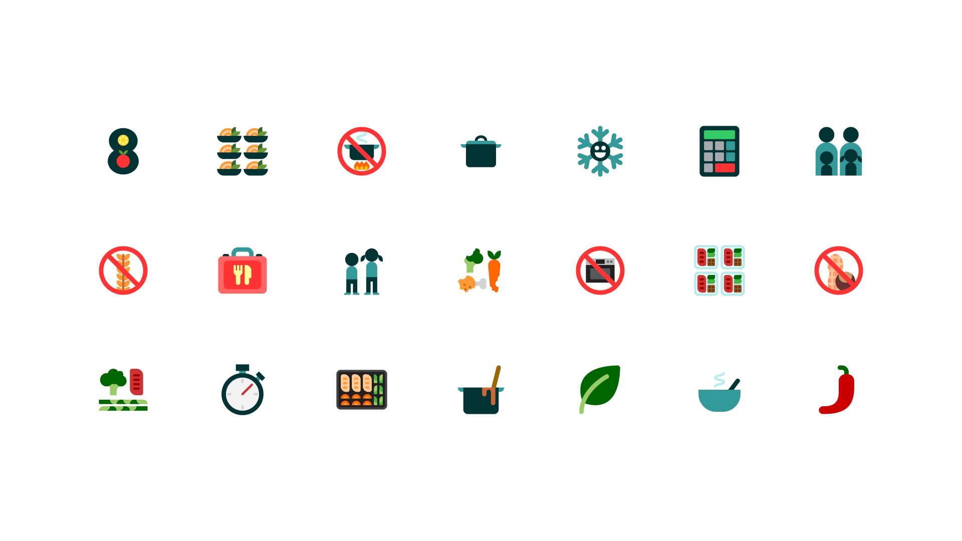 Image of a group of recipe category icons depicting cooking ingredients, techniques and appliances