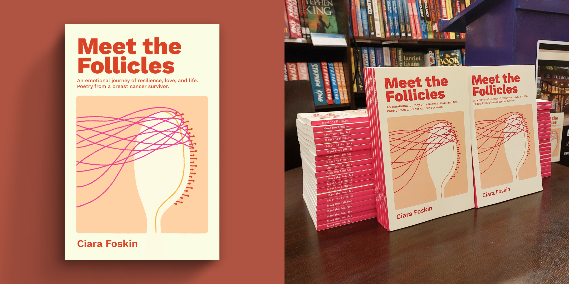Image of a book cover design and a stack of books