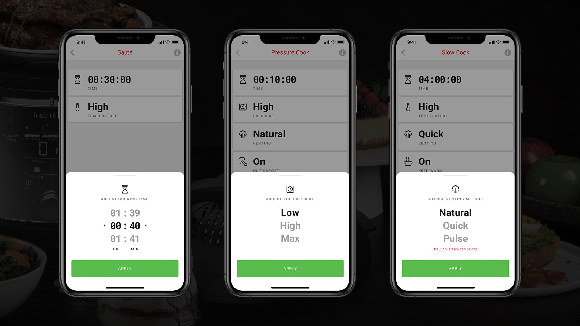 Image of three mobile devices displaying smart pressure cooker controls